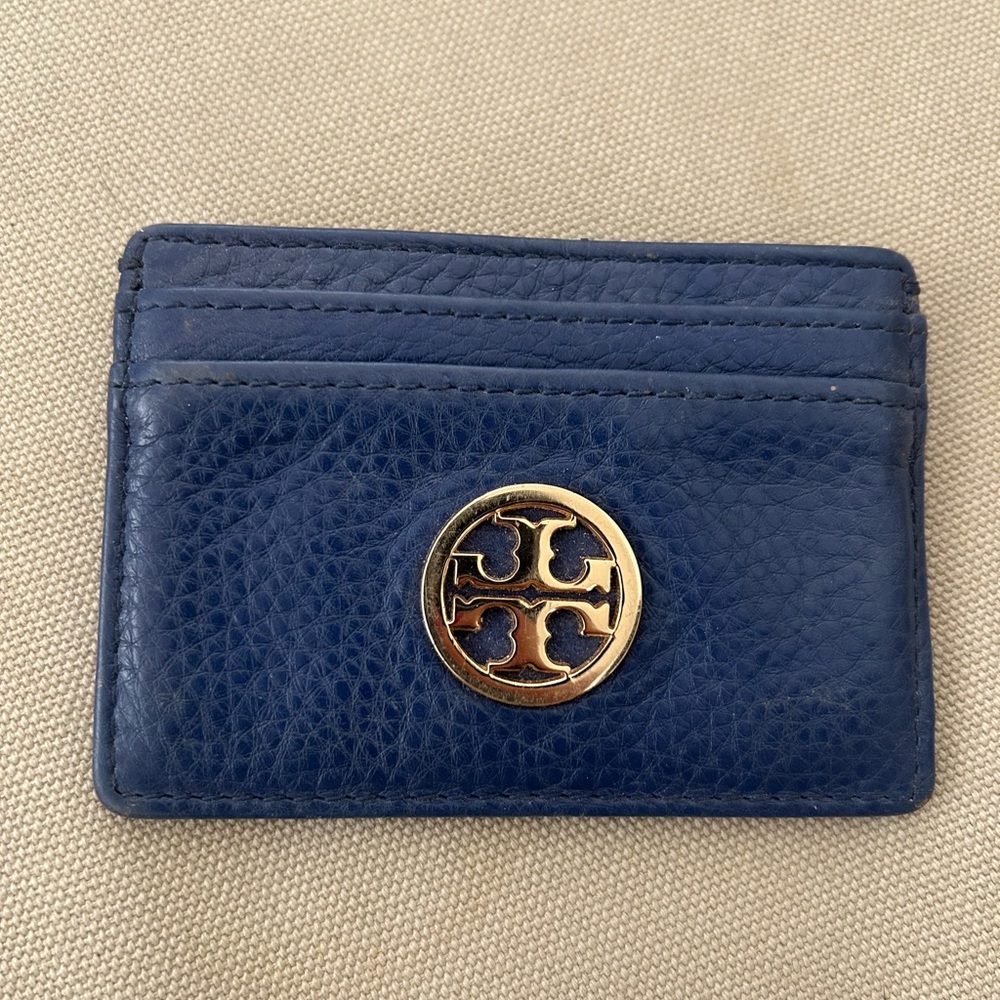 Tory Burch Navy Card Holder with Gold Emblem